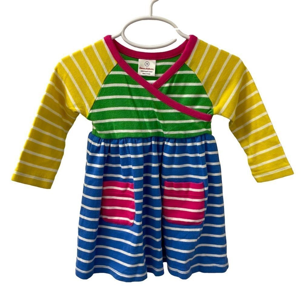Hanna Andersson Dress Yellow Green Blue Pink Stripes Baby Girl Sz 70 (6-12 mos)